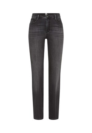 Jeans grigio scuro con vestibilità a gamba dritta, design a cinque tasche e sfumature sottili. Realizzati in denim con una consistenza liscia. Chiusura con bottone in metallo.