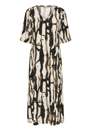 Kleid mit V-Ausschnitt und kurzen Ärmeln in Creme mit einem abstrakten Muster in Schwarz und Braun. Leichter Stoff mit lockerer Passform, der bis zur Mitte der Wade reicht.