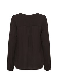 Blusa nera a maniche lunghe realizzata in tessuto morbido con scollo arrotondato, dettaglio piega sul retro e polsini con bottoni, caratterizzata da una vestibilità ampia.