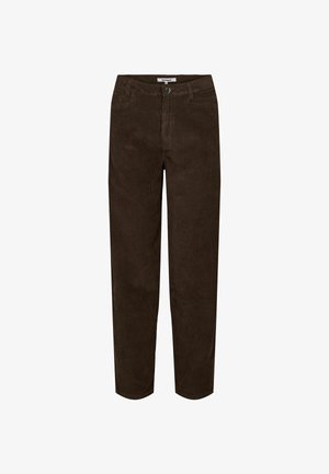 Brune corduroy bukser med lige snit, der har knaplukning og lommer, og som fremviser en ribbet tekstur og ensartet farve.