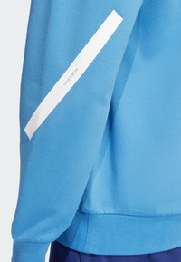 Vaaleansininen collegepaita, jossa on teksturoitu kangas. Hihassa on valkoinen raita ja siinä on "SPORTSWEAR" -merkki. Ribbireuna.