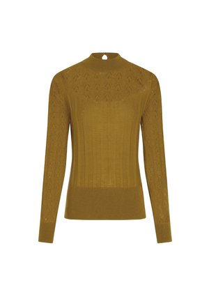 Pull en maille jaune moutarde à manches longues avec corps côtelé, motif en dentelle sur la partie supérieure de la poitrine et les manches, et un petit détail découpé au dos du col.