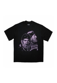 Black cotton t-shirt featuring a purple graphic of a man with a bandana and beard, with "WILLIE NELSON" text prominently displayed below.