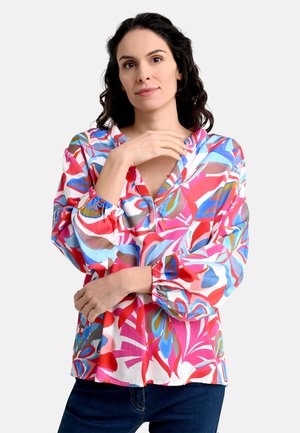 Bunte Blumenbluse aus leichtem Stoff, mit V-Ausschnitt, elastischen Bündchen und einer Mischung aus roten, blauen und rosa Mustern.