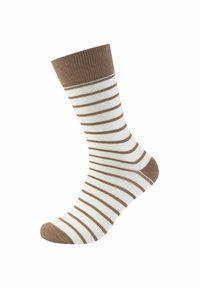 Gestreifte Socke in Weiß mit braunen horizontalen Streifen, ausgestattet mit einem gerippten braunen Bündchen und einer glatten Textur. Abgerundetes Zehendesign.