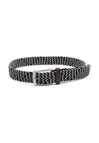 Woven belt in black and gray with a silver metal buckle. Features a brown leather accent near the buckle. Flexible, textured material.