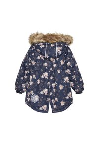 Veste bleu marine à motif floral avec capuche en fausse fourrure, poignets élastiques et taille froncée. Présente un accent floral blanc près de l'ourlet.