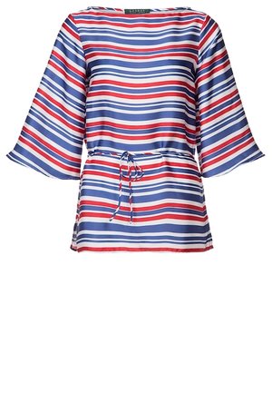 Blouse met horizontale strepen in blauw, rood en wit met een boothals, driekwart klokmouwen en een koord in de taille.