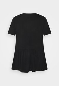 Abito nero a maniche corte con una vestibilità ampia e una gonna arricciata e svasata. Realizzato in un tessuto morbido e traspirante con una texture liscia.
