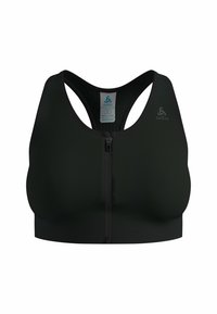 Zwarte sportbh met een ritssluiting aan de voorkant, verstelbare bandjes en een gestructureerde stof. Heeft een logo aan de linkerkant en een aansluitend ontwerp.