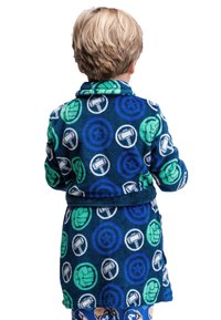 Children's blue fleece robe featuring circular patterns in green and white, with images of hammers and fists. Tied with a matching belt.