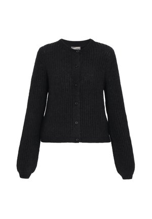 Zwarte cardigan met geribbelde textuur, lange mouwen, ronde halslijn en knoopsluiting aan de voorkant. Eenvoudig, klassiek ontwerp zonder patronen of accenten.
