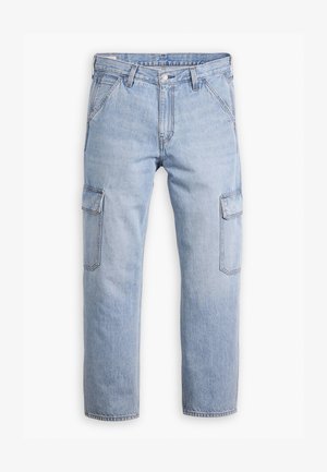 Lichtblauwe denim cargobroek met zes zakken, rechte pijpen en contrasterende stiksels. Voorzien van een knoopsluiting en riemlussen.
