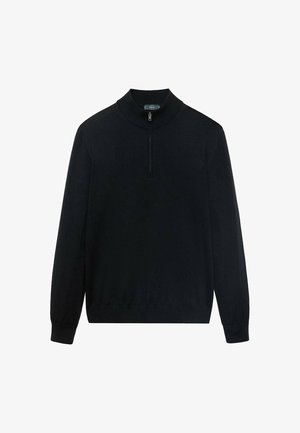 Zwarte pullover trui met lange mouwen, hoge kraag en een halve rits sluiting. Gemaakt van gladde stof met een geribbelde zoom en manchetten.