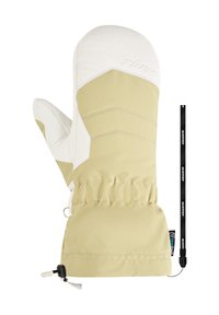 Yellow and white insulated mittens with a textured finish, featuring a fitted cuff, adjustable drawstring, and a logo on the wrist area.