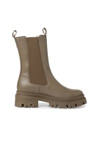 Bottines marron en cuir lisse avec des panneaux élastiques et des accents en tissu. Semelle en caoutchouc épaisse avec des rainures profondes pour l'adhérence.