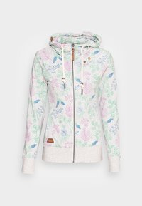 Hoodie med dragkedja i ljusgrått med blommönster i grönt, rosa och blått. Har snoddar och en logotypapplikation vid fållen.