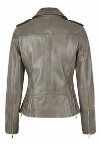 Graue Lederjacke mit taillierter Passform, Schulterklappen und Reißverschlusstaschen. Sie verfügt über eine glatte Textur und Rückennähte.