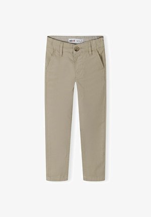 Chinos beige avec une texture en coton lisse, dotés d'une fermeture à bouton, de passants de ceinture et de deux poches avant. Design standard à jambe droite.