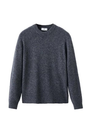 Maglione lungo in lana grigio scuro a maniche lunghe con scollatura a girocollo e polsini e orlo a coste, esposto su sfondo bianco.