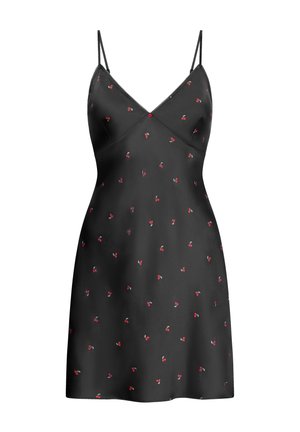 Schwarzes Slip-Kleid mit dünnen Trägern und einem Muster aus kleinen roten Kirschen. Glatte Textur und V-Ausschnitt unterstreichen seine Eleganz.