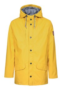 Veste imperméable jaune avec capuche, boutons à l'avant, cordon de serrage à la capuche, poche poitrine, poches latérales à rabat et patch logo sur la manche.