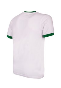 Witte T-shirt met korte mouwen en een groen geribbelde kraag en mouwboorden, gemaakt van een soepele stof, met een klassiek ronde hals ontwerp.