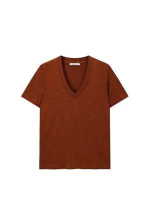 Rust-colored V-neck t-shirt with short sleeves, made of a textured material, featuring a relaxed fit and minimal design details.