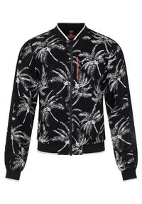Chaqueta bomber negra con estampado de palmeras blancas, cuello y puños acanalados, cierre de cremallera y acentos en contraste. Tejido texturizado.
