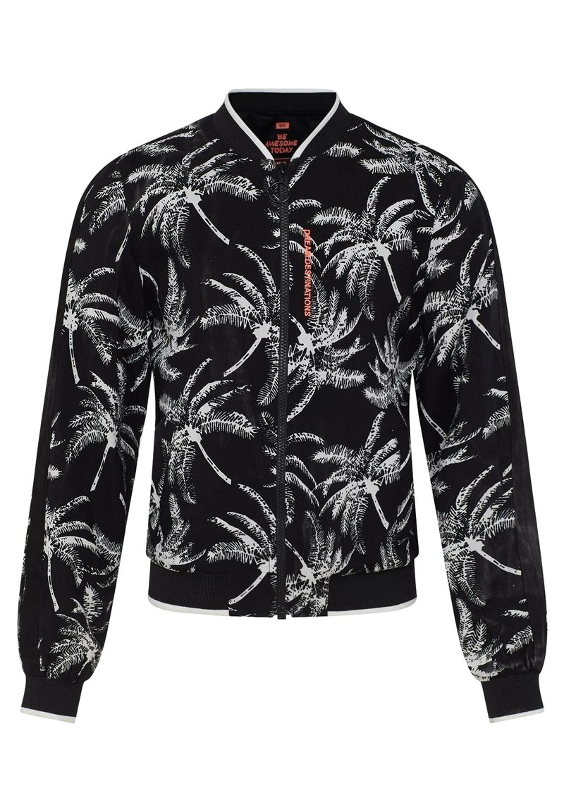 Chaqueta bomber negra con estampado de palmeras blancas, cuello y puños acanalados, cierre de cremallera y acentos en contraste. Tejido texturizado.