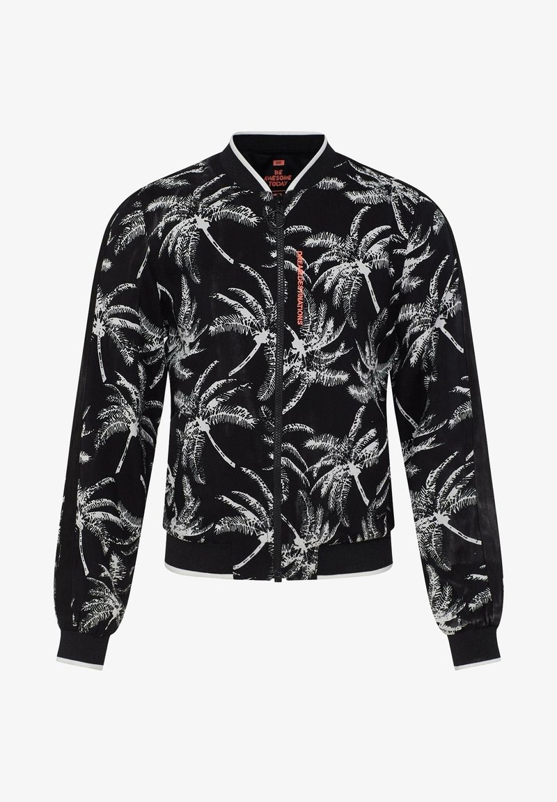 Chaqueta bomber negra con estampado de palmeras blancas, cuello y puños acanalados, cierre de cremallera y acentos en contraste. Tejido texturizado.