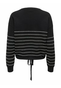 Pull noir à manches longues avec des rayures horizontales blanches et un cordon de serrage noué à l'ourlet inférieur, vu de dos.