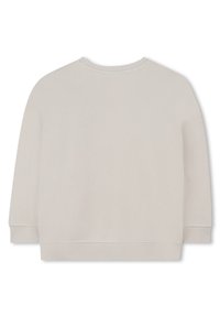 Light gray, cropped sweatshirt with long sleeves, round neck, and ribbed cuffs. Soft fabric texture with minimal stitching details.
