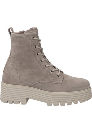 Stivaletti in suede grigio con punta rotonda, design con lacci e una suola in gomma spessa e rigata per trazione e stabilità.