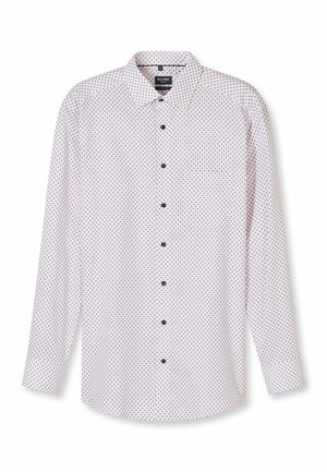 Weiße Herrenhemd mit langen Ärmeln, kleinen schwarzen geometrischen Mustern, klassischem Kragen und einer einzelnen Brusttasche.
