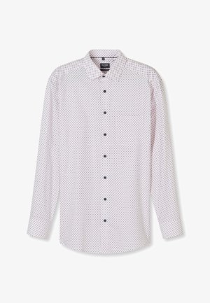 Weiße Herrenhemd mit langen Ärmeln, kleinen schwarzen geometrischen Mustern, klassischem Kragen und einer einzelnen Brusttasche.