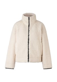 Kurtka z sherpy w kolorze off-white z pełnym czarnym zamkiem, wysokim kołnierzem, długimi rękawami i bocznymi kieszeniami.