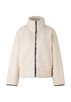 Kurtka z sherpy w kolorze off-white z pełnym czarnym zamkiem, wysokim kołnierzem, długimi rękawami i bocznymi kieszeniami.