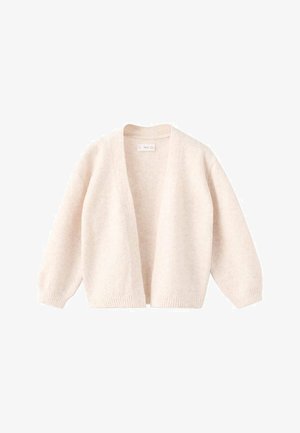 Light beige, open-front cardigan with long sleeves, ribbed cuffs and hem. Soft texture, minimal design, and no visible fasteners or patterns.