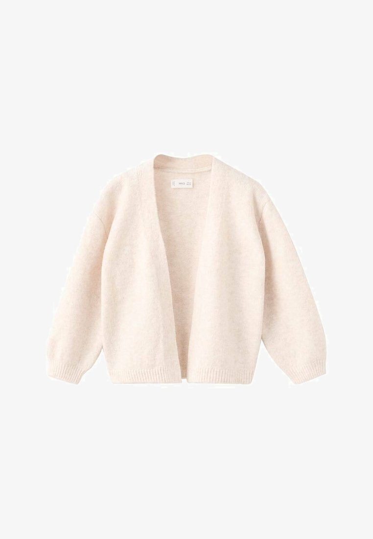 Světlý béžový cardigan s otevřeným předním dílem a dlouhými rukávy, s žebrovanými manžetami a lemem. Měkká textura, minimalistický design a žádné viditelné zapínání ani vzory.