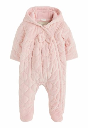 Soft pink quilted baby romper with hood, long sleeves, enclosed feet, and a front bow detail.