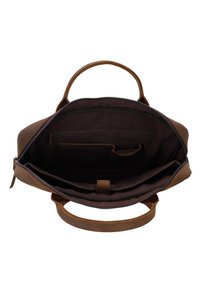 Brown leather handbag with two handles, open to show dark fabric interior lining, inner zip pocket, and compartments.
