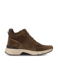 Brown suede high-top shoes with lace-up design, beige sole, and patterned black accents on the back. Versatile silhouette for casual wear.