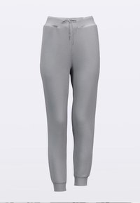 Light gray sweatpants with a drawstring waistband and elastic cuffs. Smooth texture and tapered design suitable for casual wear.