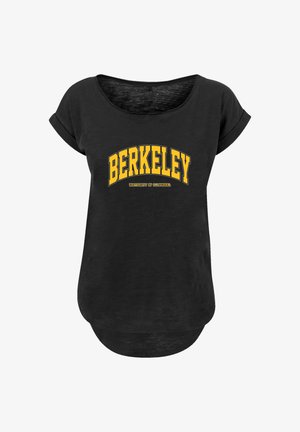 Black short-sleeve t-shirt with a rounded neckline, featuring yellow text: "BERKELEY" above "UNIVERSITY OF CALIFORNIA." Soft, lightweight fabric.