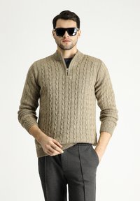 Beige gestrickter Pullover mit Zopfmuster, ausgestattet mit einem halben Reißverschluss am Kragen. Kombiniert mit dunkelgrauen Hosen, das Modell trägt schwarze Sonnenbrillen.