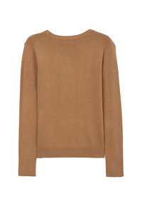 Maglione marrone lavorato a maglia con maniche lunghe, scollo rotondo e polsini a coste. Texture liscia e vestibilità rilassata. Nessun motivo o accessorio visibile.