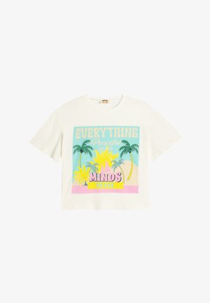 Weißes Baumwoll-T-Shirt mit einem verkürzten Design. Es zeigt einen mehrfarbigen Grafikdruck von Palmen, Sonne und dem Text: "EVERYTHING Peaceful in your MINDS MIAMI."