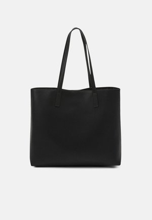 Black leather tote bag with two long shoulder straps, rectangular shape, and smooth texture, displayed against a plain white background.