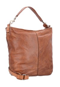 Borsa a tracolla in pelle marrone con finitura texturizzata, dotata di una maniglia singola e una tracolla regolabile. Dettagli di cucitura sottili visibili.